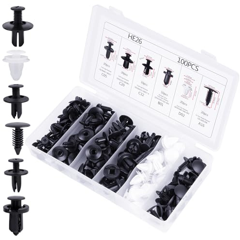 HOTUT Rivet Clips Voiture Universel, 100 Pièces Clips de Fixation Voiture, Rivet Plastique Fixation, avec Boîte De Rangement et Outil de Démontage, 6 Tailles, Agrafe Carrosserie