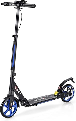 GOPLUS Scooter Plegable con Doble Freno, Patinete con Manillar Ajustable (86,5-101 cm), Sistema de Absorción de Impactos para Adultos, 8+ Años, Carga hasta 100 kg