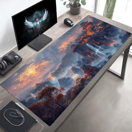 Gaming Mauspad 1600x800x3mm Gaming Mousepad XXL Fallen Blau Mauspad Schreibtischauflage, Genähte Kanten Mausmat, rutschfeste Gummibasis, Schreibtisch Schutz für Home Büro, Geschenke PjY10960 X-J