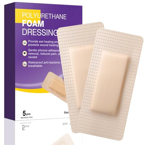 Silikon Schaumverband mit Rand 5 x 10 cm (2.2 cm x 5 cm Wundkissen) Silikonkleber Schaumstoffverband Saugfähig Wundverband 5 Stück