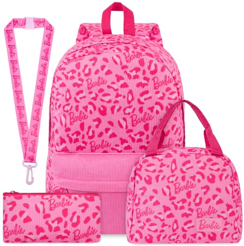 Get Trend Barbie Sac a Dos Fille Set, 4 Pcs Cartable Enfant, Sac Isotherme Repas, Trousse Scolaire et Porte Badge Tour de Cou Courroie (Rose Barbie)