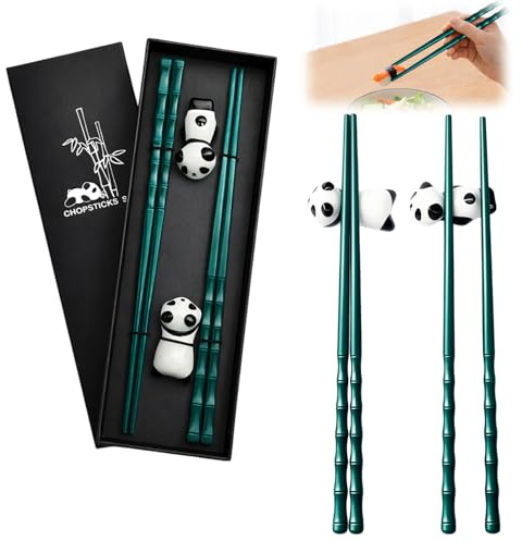 2 Pares Palillos Chinos Regalo con Soporte de Cerámica Panda Caja de Valor | Antideslizantes Palillos de Fibra de Vidrio Reutilizables, Aptos para Lavavajillas para Sushi y Fideos Platos Asiáticos
