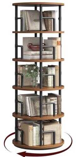 MAHANCRIS Estantería Giratoria de 5 Niveles, Display girevole a 360°, Librería de Pie con Barras de Seguridad, para Sala, Dormitorio o Despacho, Marrón Vintage y Negro ABKHR4501