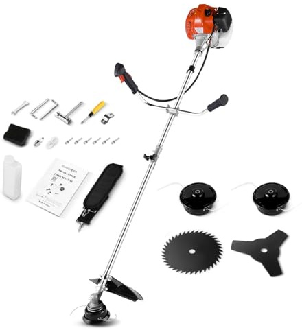 58CC Weed Wacker Gas Powered, 4 in 1 Gas Weed Eater Brush Cutter with 4 Detachable Heads 18.5 Cutting Path 2-Cycle Cordless Gas String Trimmer Grass Cutter Machine for Garden, Lawn Care, Orange