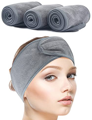 SINLAND 3 Stück Haarband für Make Up Kosmetik Stirnband Grau | Mikrofaser Haarschutzband mit Klettverschluss Verstellbare Haarriemen Haarschutzband Haarbänder für Gesicht,Sport,Yoga