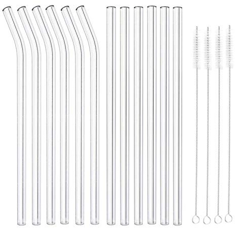 MIXIAO Glas Strohhalme 12 Stück (Transparent 6 gerade & 6 gebogene)