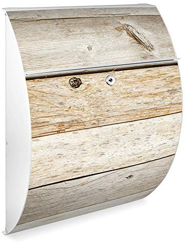 banjado Design Briefkasten - Modell Riviera 46x33,5x13cm groß - verzinkter Stahl weiß - Postkasten Öffnungsstopp großer A4 Einwurf Zylinderschloss 2 Schlüssel - Motiv Graues Holz