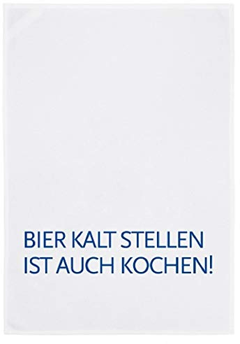 17;30 Geschirrtuch, 100% Baumwolle, humorvoller Spruch Bier kalt Stellen ist auch Kochen!, umweltfreundlich, weiß-blau, 50x70 cm