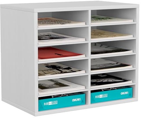 EasyPAG 12 Fächer Holz A4 Büro Schreibtisch Organizer Dokumentenhalter Aktenablage Zeitschriftenhalter Briefablage Papier Magazin Organisator,Weiß