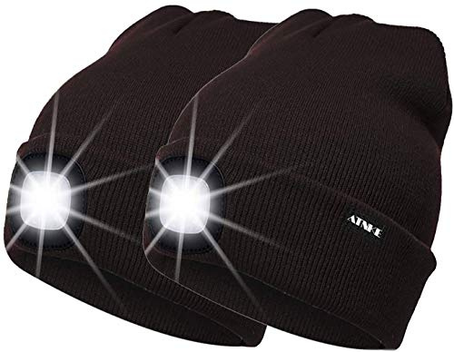 ATNKE 2Pcs Neue Warme LED beleuchtete Mütze,Unisex USB wiederaufladbare Laufmütze Ultra Bright 4 LED wasserdichte Lichtlampe Mehrfarbig/Coffee