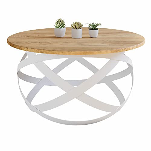 Lumarc Firenze, Couchtisch aus Massivholz Eiche und Stahl, Handgefertigt in Europa, Beistelltisch, Wohnzimmertisch, Coffee Table, Weiß, Rund, Ø70x40 cm