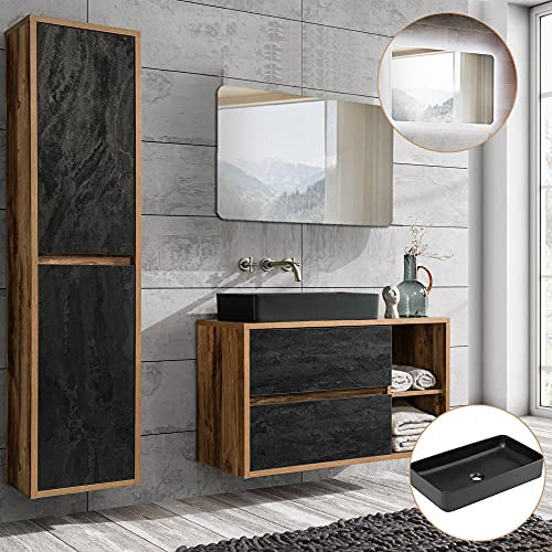 Lomadox Badmöbel Komplett-Set Eiche mit Beton dunkel, 100 cm Waschtisch-Unterschrank, 61 cm Keramik-Waschbecken weiß, Bad-Spiegel mit LED-Beleuchtung, 2-türiger Hochschrank, B/H/T 160/200/46 cm