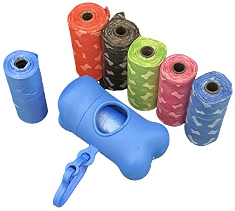 Sacchetti per bisogni dei cani, con dispenser e clip per guinzaglio, confezione da 105 sacchetti igienici per cani con dispenser e clip, Sacchetti per Deiezioni Canine. (blu)