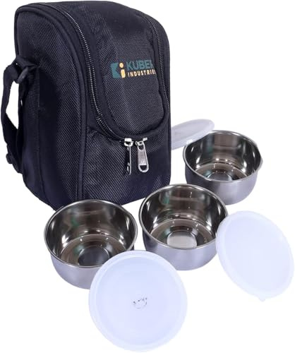 Kuber Industries Lunch Box|Canvas Leak Proof 3 Stainless Steel Insulated Containers Lunch Bag|Adjustable Straps Tiffin Box with Zipper Closure (Black)