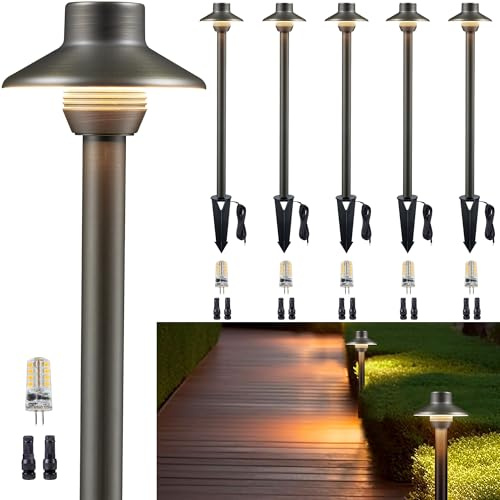 Gardenreet Outdoor Path Lights Brass, LED Landscape Pathway Light, Low Voltage Driveway Lamp Waterproof, Mini Shade 12V Wired Bronze for Walkway Sidewalk with 3W 270LM 2700K G4 Bulb 6 Pack
