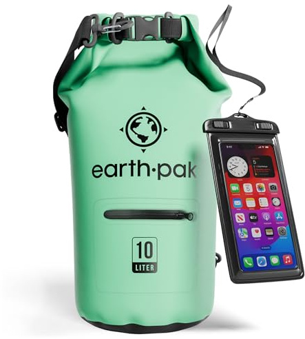 Earth Pak Dry Bag – vattentät packsäck med dragkedjeficka, axelrem och vattentätt mobiltelefonfodral – perfekt för kajakpaddling, camping, fiske, båtliv och forsränning (havsskumgrön, 10 l)