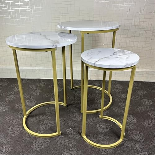 Set of 3 Round Vintage Wooden/Steel Nesting Side Coffee Tables Stacking Sofa Side, Space Saving Coffee Tea Table for Hallway Living Room Bedroom Office Black Marble Look (White)