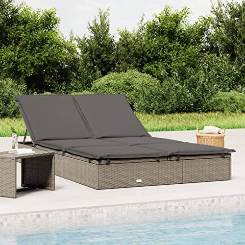 Tidyard Sonnenliege 2er Set, Sonnenliege 2 Personen Rattan, Gartenliege Klappbar, Doppelliege Gartenmöbel Grau 201x55x20 cm