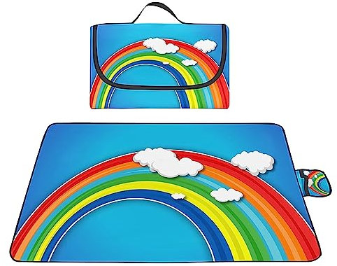 TengYuer Picknickdecke 180x200cm Stranddecke Wasserdicht Sandfrei Isoliert Faltbar Strandmatte mit Tragegriff Outdoor Campingdecke XXL für Camping Parks Strände Picknick Blauer Regenbogen