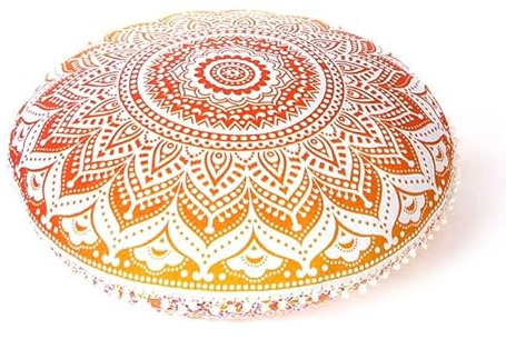 Rundes Kissen für Boden/Orange, Boho-Kissen, Meditationskissen, Hippie-/Boho-Chic, Hunde- und Katzenbett, Bohemian-Kissen, nur Pouf, Bezug (Ombré-Orange)