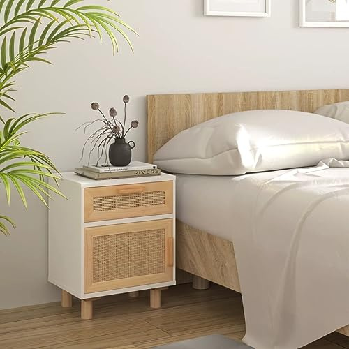 puraday Nachttisch Weiß Massivholz Kiefer und Natur-Rattan Kommode Schubladen Nachttisch mit Schublade Nachttisch