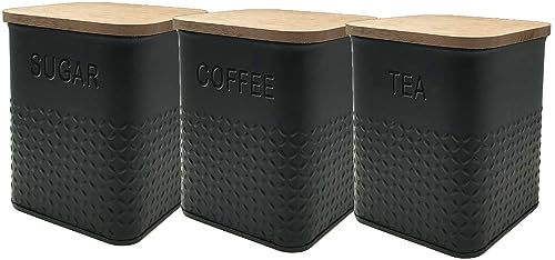 Set of 3 Tea Coffee Sugar Square Canisters, Black Matt Embossed Side Easy to Handle, With Wooden Lid Powder Coated Ideal for Kitchen Storage Coffee Granules, Tea Leaves & Bags & Sugar Cubes