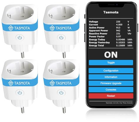 EIGHTREE Enchufe Tasmota, Enchufe Inteligente WiFi, Smart Home, ESP8685 con Home Assistant, MQTT, Domoticz, OpenHAB, ioBroker, 16A, solo 2,4GHz WLAN, 4PCs