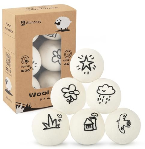 ALLINCOZY Wool Dryer Balls, Eco-Friendly Fabric Softener Reusable Minimizes Wrinkles and Shortens Drying Time The Superior Alternative to Plastic Balls and Liquid Softener Line drawing (Pack of 6)