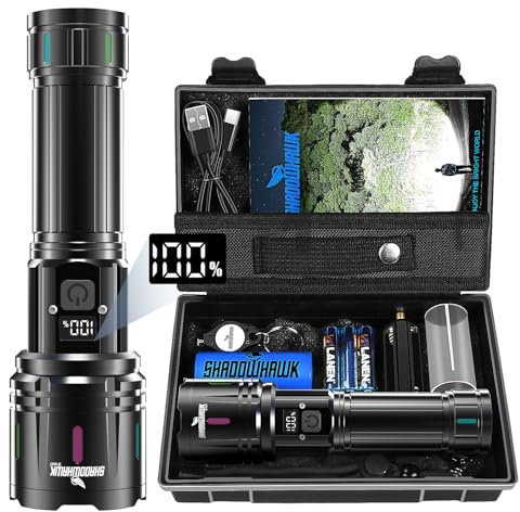 Shadowhawk Taschenlampe LED Aufladbar 500000L, LED Taschenlampe Extrem Hell XHM90.2 Taschenlampen USB, Starke Taktische Taschenlampe Batteriebetrieben, Wasserdicht Flashlight für Outdoor Notfall