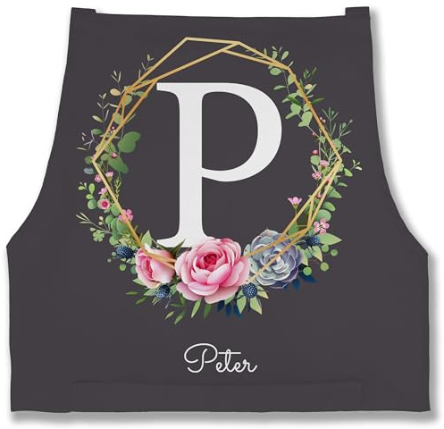 Schürze - Name und - Initialen mit Namen - 85x69 - Anthrazit - blumen geschenke für ältere damen buchstaben buchstabe backschürze personalisierte kochschürze anfangsbuchstabe blumenkranz