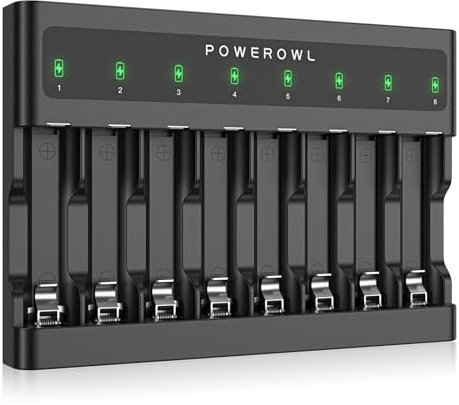 POWEROWL AA AAA Battery Charger 8 Bay, Independent Slot, USB Fast Charging for Ni-MH Ni-CD Rechargeable Batteries