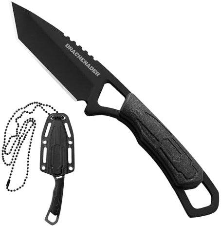 DRACHENADER Neck Knife Couteau fixe petit Fulltang Outdoor Mini couteau avec étui plastique, NOIR PLEIN