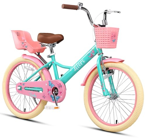 Glerc Sasha Girls Bike, 20 Inch Bicycle for Ages 7-13 Years Old Children, Retro Vintage Style Kids Bicycle with Doll Bike Seat and Basket, Green