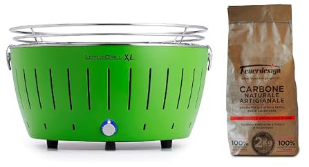 LotusGrill - Barbecue Portatile a Carbone - XL LG G435 - con cavo di alimentazione USB, 43,5 x 25,70 cm, Verde + 2 Kg Carbone naturale Antiche Carbonaie, 100% legno di leccio italiano artigianale