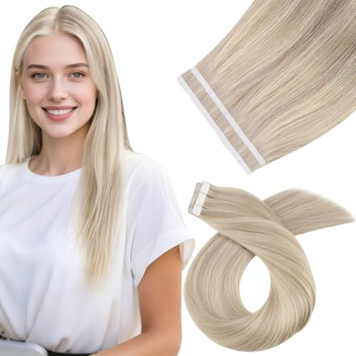 Moresoo Tape in Extensions Echthaar Blond 40cm Unsichtbare Haarverlängerung Tape in Extensions Remy Echthaar Extensions Tape Highlight Aschblond mit Bleichblond 25g 10 Stück #18/613