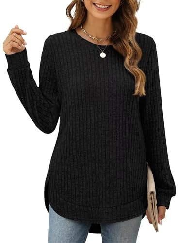 XIEERDUO Pullover Damen Strickpullover Sweatshirt Langarmshirt Herbst Winter Tunika Tshirt Elegant Oberteile Top Schwarz XL