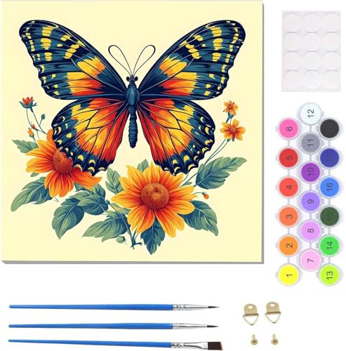 Schmetterling Blume Malen Nach Zahlen Erwachsene, Handgemalt Ölgemälde Leinwand Kits, Bastelset AnfäNger Knitterfreie Leinwand, Pinsels Und Acrylfarbe, Malen Nach Zahlen Set Geschenk 30x30cm U-3711