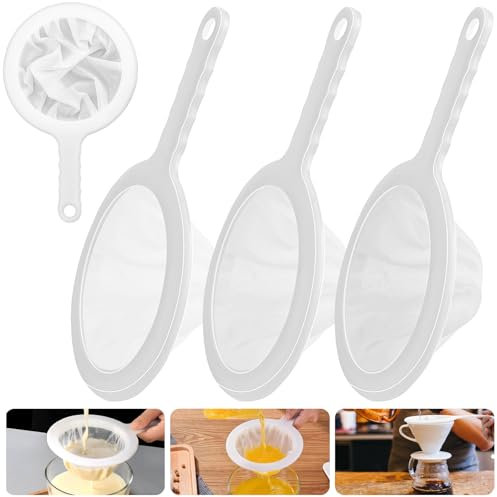 Bomtop Feines Sieb, 3 Stück Ultrafeinen Nylonfilter Mit Griff 100/200/400 Mesh, Nylon Sieb Küche, Haarsieb Küche, Nudelsieb, Küchensieb Kunststoff mit Stiel für Saft, Kaffee, Milch
