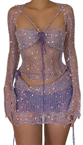 Damenmode Sexy Hohl Pailletten Bandage Tube Top Ein Kleid und mehrere Kleider Kleid Set ältere Damen Rock Badeanzüge, violett, L