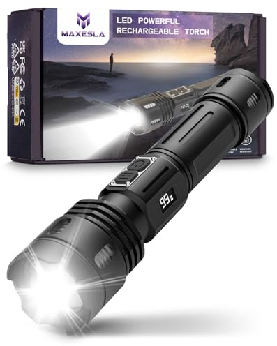 Maxesla Torches Led Super Bright High Lumens,5000 mAH Rechargeable Torch,Double Button Powerful Led Torch,IP67 Waterproof Tactical Torches,Flashlight for Camping,Emergency,Gift