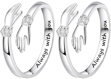 Sterling Silver Hug Ring for Women Engraved Words Rings, Adjustable Hugging Hands Open Ring Symbol of Love,Perfect for Daughters Mom Sister Wife Friends Mother's Day, Birthday, or Friendship Gift 2Pcs