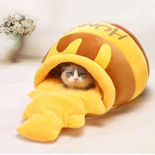 Cat Sleeping Bag - Cartoon Honey Pot Cat Bed Cave | Warm Cat Bed Cuddly Bag | 360° Wrap Cat Sleeping Bag | Self-Warming Sleeping Bag with Removable Cushion | Cat Cave for House Cats
