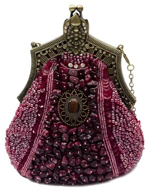 CORIOS Vintage 1920s Abendtasche Damen Floral Clutch Tasche Handgemachte Perle Handtasche Elegante Schultertasche Kette Umhängetasche Klein Tasche für Hochzeit Abschlussball Bankett-Party Weinrot