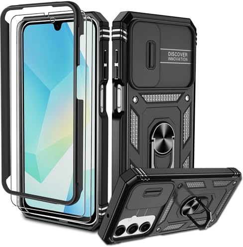 Pilaru für Samsung Galaxy A16 5G Hülle,Kameraschutz Handyhülle Cover Case mit 2 Stück Schutzfolie,360° Drehhalter Ring Schutzhülle Militär Outdoor Stoßfest Kratzfest Handy Hülle Samsung A16 5G,Schwarz
