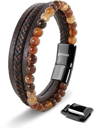 SERASAR Armband Herr Läder Brunt Läderarmband Herrarmband Natural Agat Flätat Energiarmband Läderkedja Män för Honom