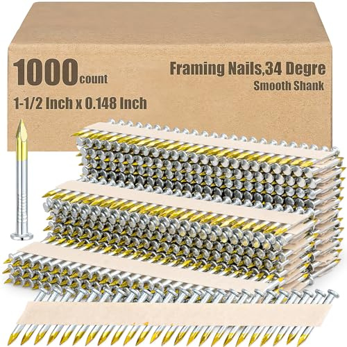 1000 chiodi da incorniciare per travetti da 3,8 x 0,48 cm, connettori in metallo a 34 gradi, testa rotonda zincata, gambo liscio, nastro di carta per progetti di lavorazione del legno