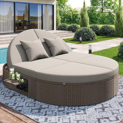 Rattan Doppelliege, Outdoor Daybed, Gartenliege mit Klapptisch, Sonnenliege Doppelliege 2 Personen, Terrassen Relaxliege, Individuell einstellbarer Winkel Outdoor Lounge Sofa, Gartenmöbel, Grau