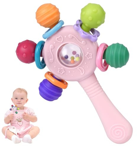 Aolso Baby Toy, Silicone Sensory Teething Teether Toys,Montessori Early Educational Toy,Baby Rattle Toys for Babies 3-18 Months-Pink