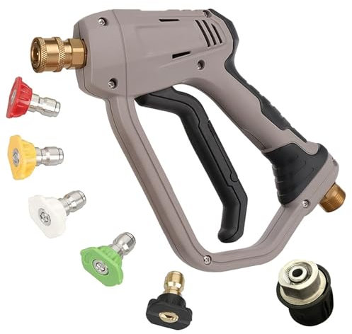 High Pressure Washer Gun, 4000 Psi Max Jet Wash Gun with 5 Color Quick Connect Nozzles, Waterproof Tape, M22 14mm Fitting Hose Connector and 1/4 Quick Connector, Power Washer Gun for Car Wash,Grey