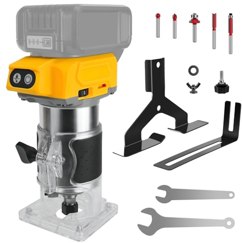 Akku Oberfräse kompatibel für Dewalt 20V Batterie, 800W Bürstenloser Trimmer Router mit 5 Gängen, 30000 U/min, 5 Stück 1/4 Steckhals Holzrouter für Holzarbeiten, Einschneiden (ohne Batterie)